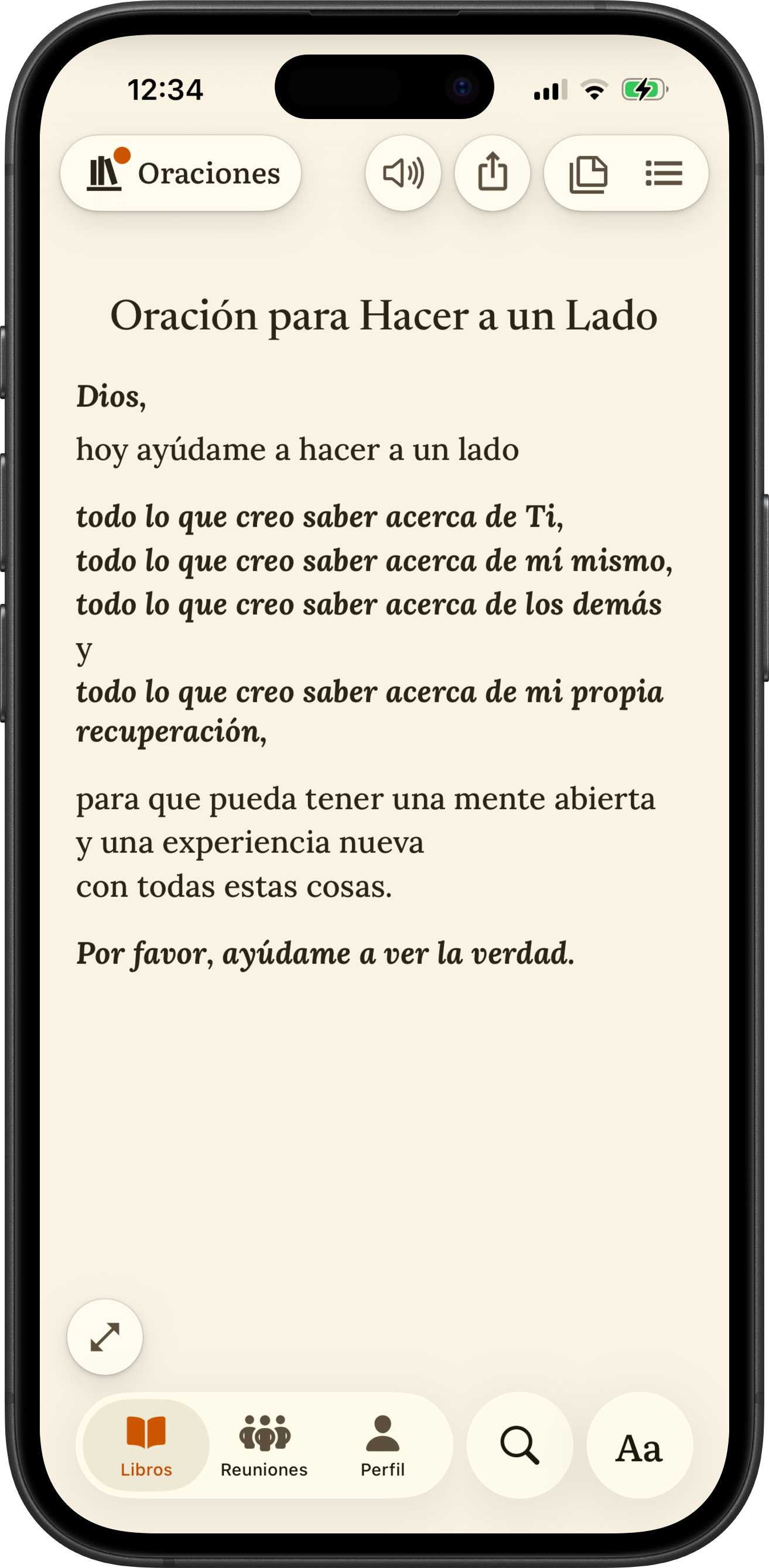 App SoberHub mostrando la Oración para Hacer a un Lado
