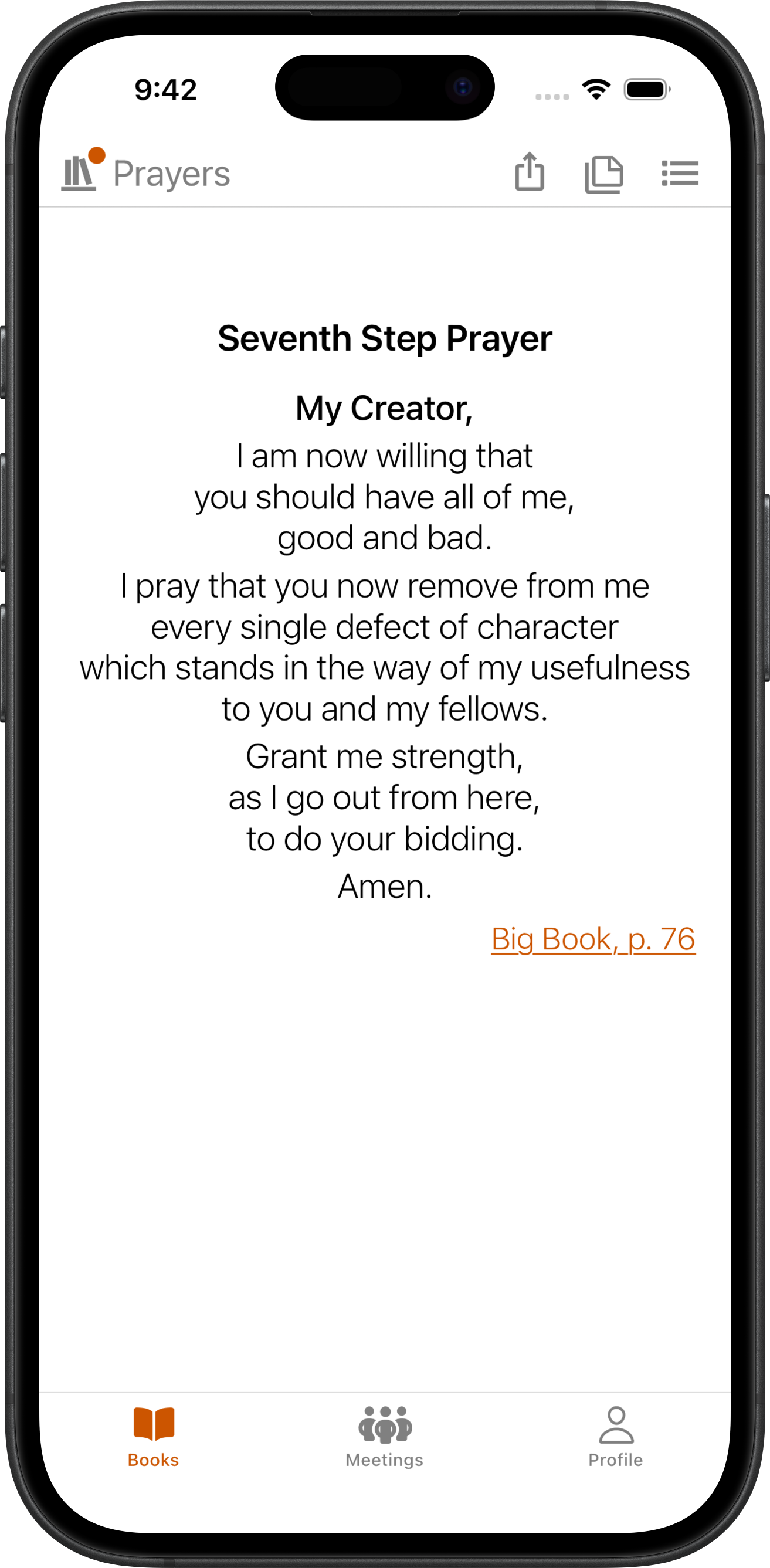 SoberHub app displaying the Seventh Step Prayer