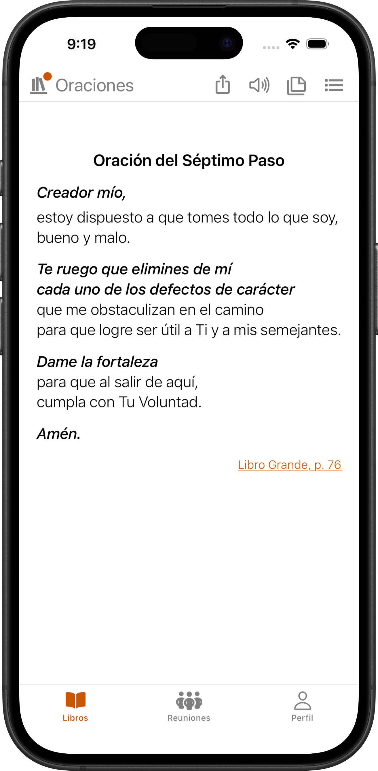 App SoberHub mostrando la Oración del Séptimo Paso