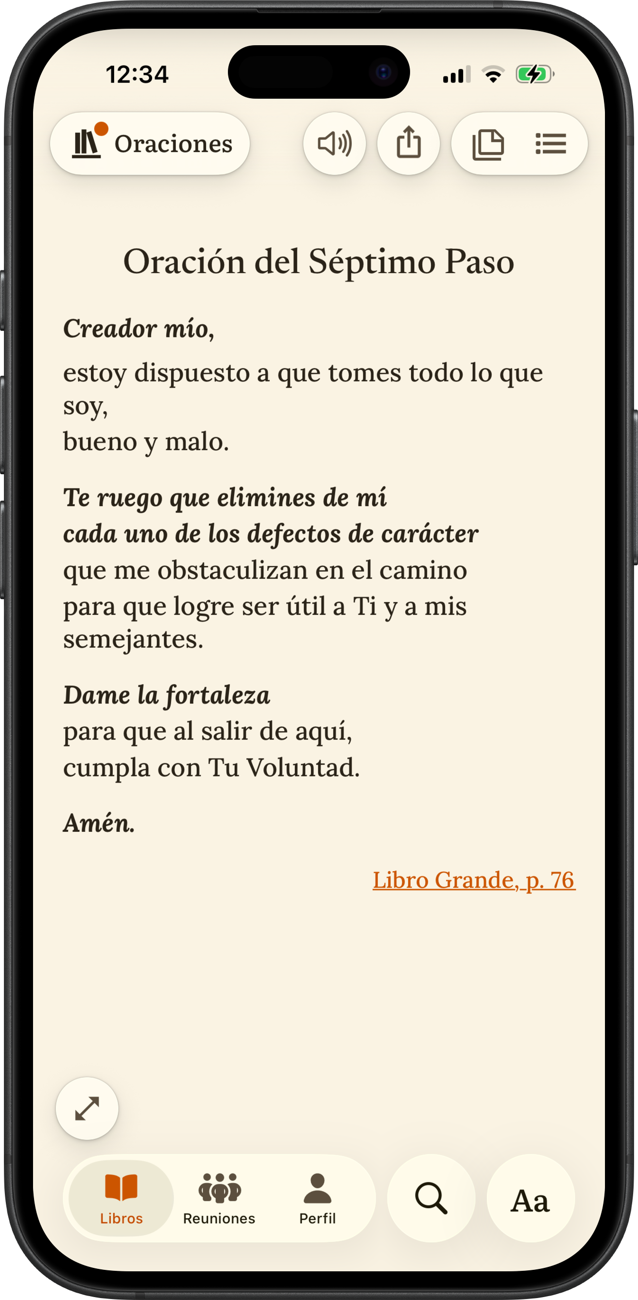 App SoberHub mostrando la Oración del Séptimo Paso