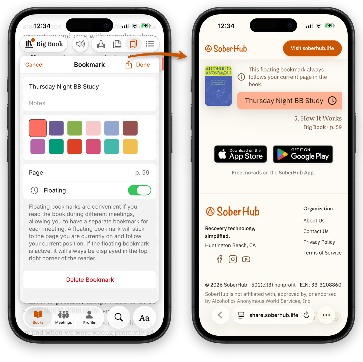Tapping Share in the SoberHub bookmark editor, and the shared bookmark opening on share.soberhub.life with its title and notes