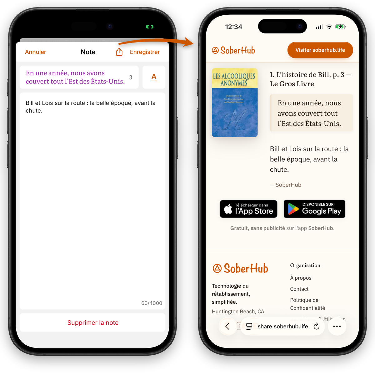 Toucher Partager dans l'éditeur de notes de SoberHub, et la note partagée qui s'ouvre sur share.soberhub.life avec son passage