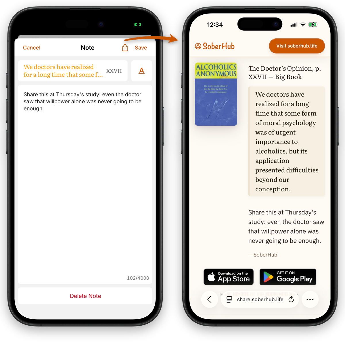 Tapping Share in the SoberHub note editor, and the shared note opening on share.soberhub.life with its passage