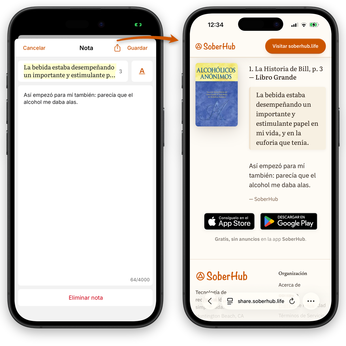 Tocar Compartir en el editor de notas de SoberHub, y la nota compartida abriéndose en share.soberhub.life con su pasaje