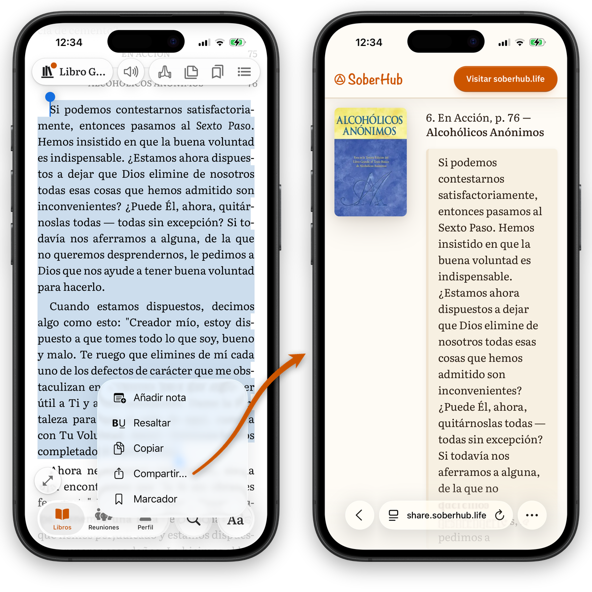 Tocar Compartir en un pasaje seleccionado del Libro Grande en SoberHub, y el pasaje compartido abriéndose en share.soberhub.life con su portada y las insignias de las tiendas