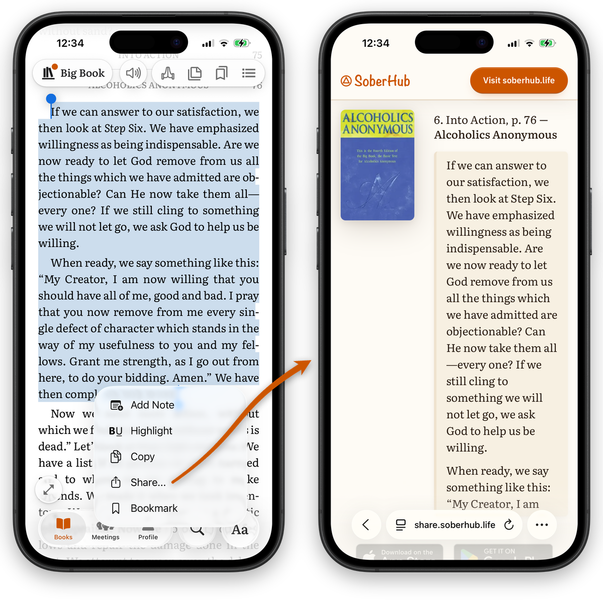 Tapping Share on a selected Big Book passage in SoberHub, and the shared passage opening on share.soberhub.life with its cover and store badges