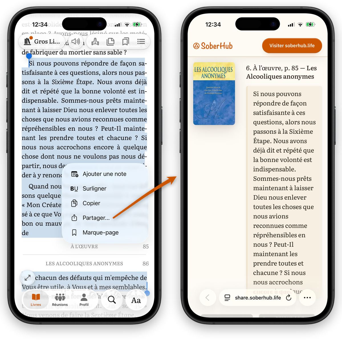 Toucher Partager sur un passage sélectionné du Gros Livre dans SoberHub, et le passage partagé qui s'ouvre sur share.soberhub.life avec sa couverture et les badges des boutiques
