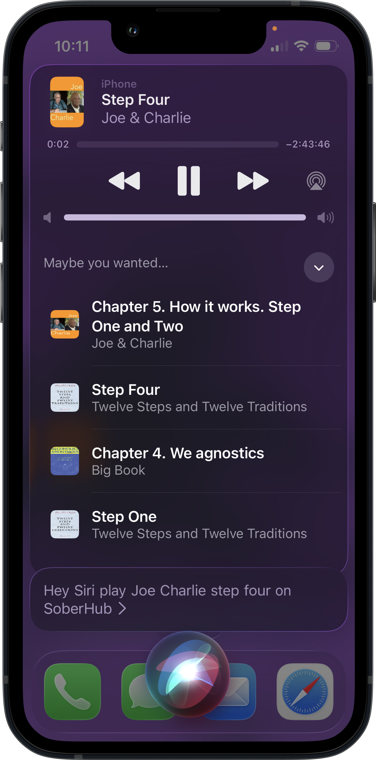 iPhone showing a Siri request to play Joe & Charlie Step 4 on SoberHub