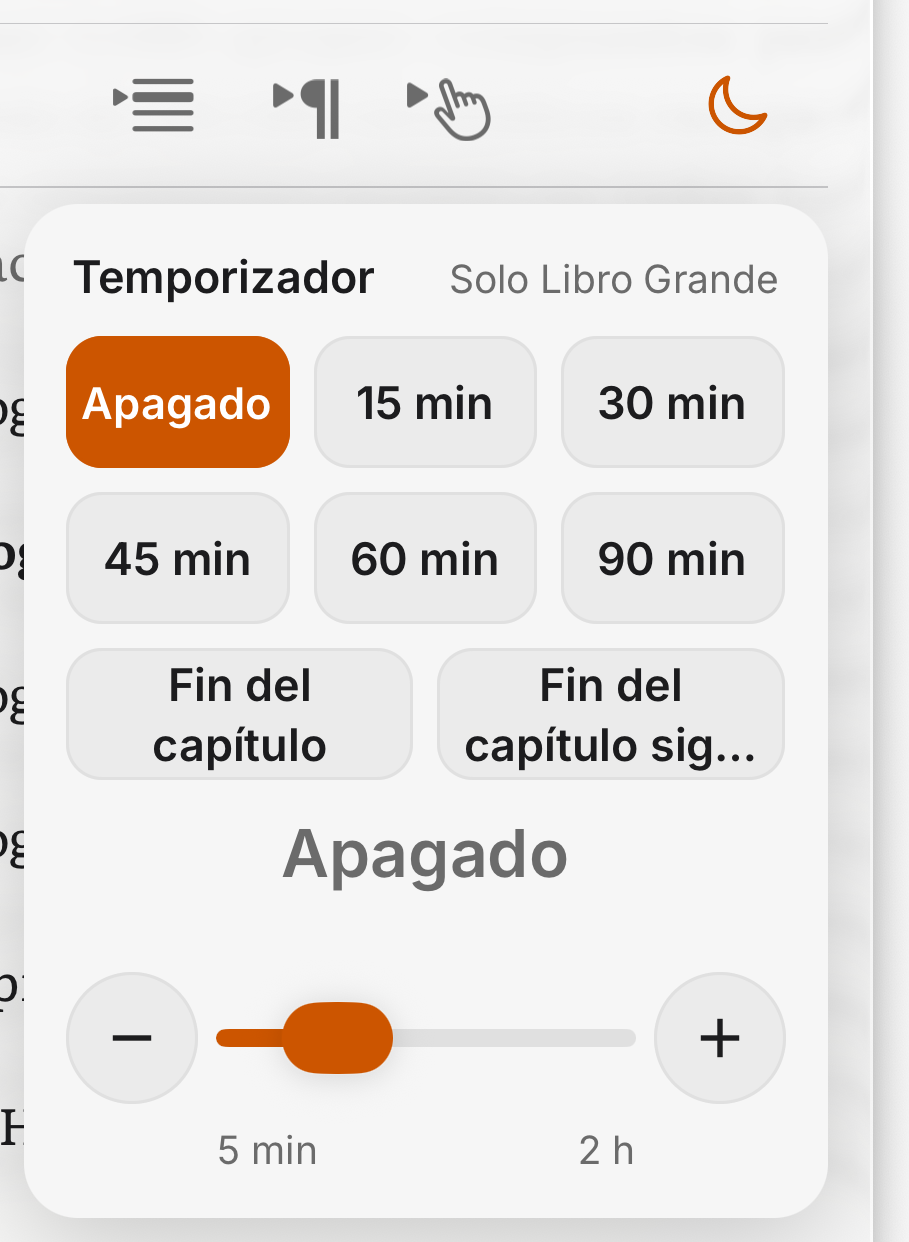 La tarjeta del Temporizador en SoberHub: Apagado, de 15 a 90 minutos, Fin del capítulo, Fin del capítulo siguiente y un control deslizante de 5 minutos a 2 horas
