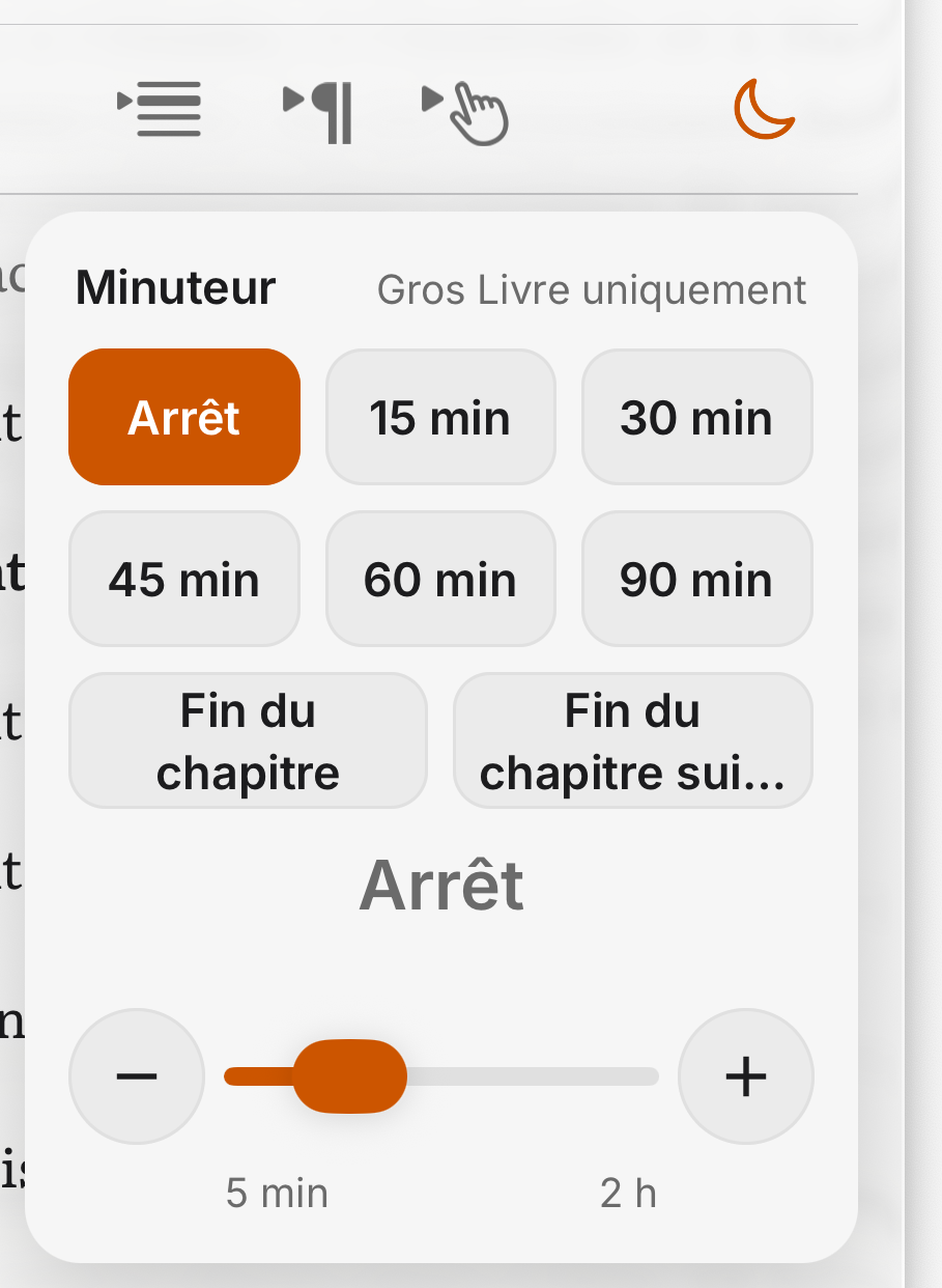 La carte Minuteur de veille dans SoberHub : Arrêt, 15 à 90 minutes, Fin du chapitre, Fin du chapitre suivant et un curseur de 5 minutes à 2 heures