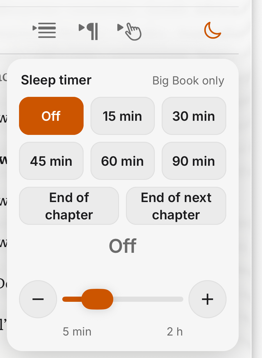 The Sleep timer card in SoberHub: Off, 15 to 90 minutes, End of chapter, End of next chapter and a slider from 5 minutes to 2 hours