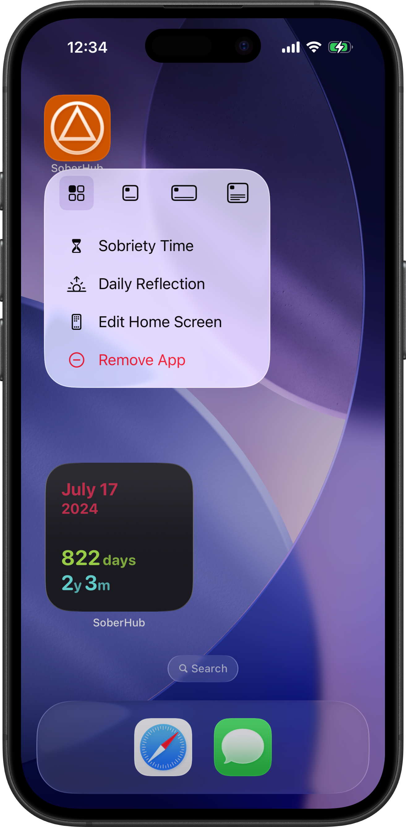 Long press on the SoberHub icon: Sobriety Time and Daily Reflection quick actions, above the medium SoberHub widget showing 822 days