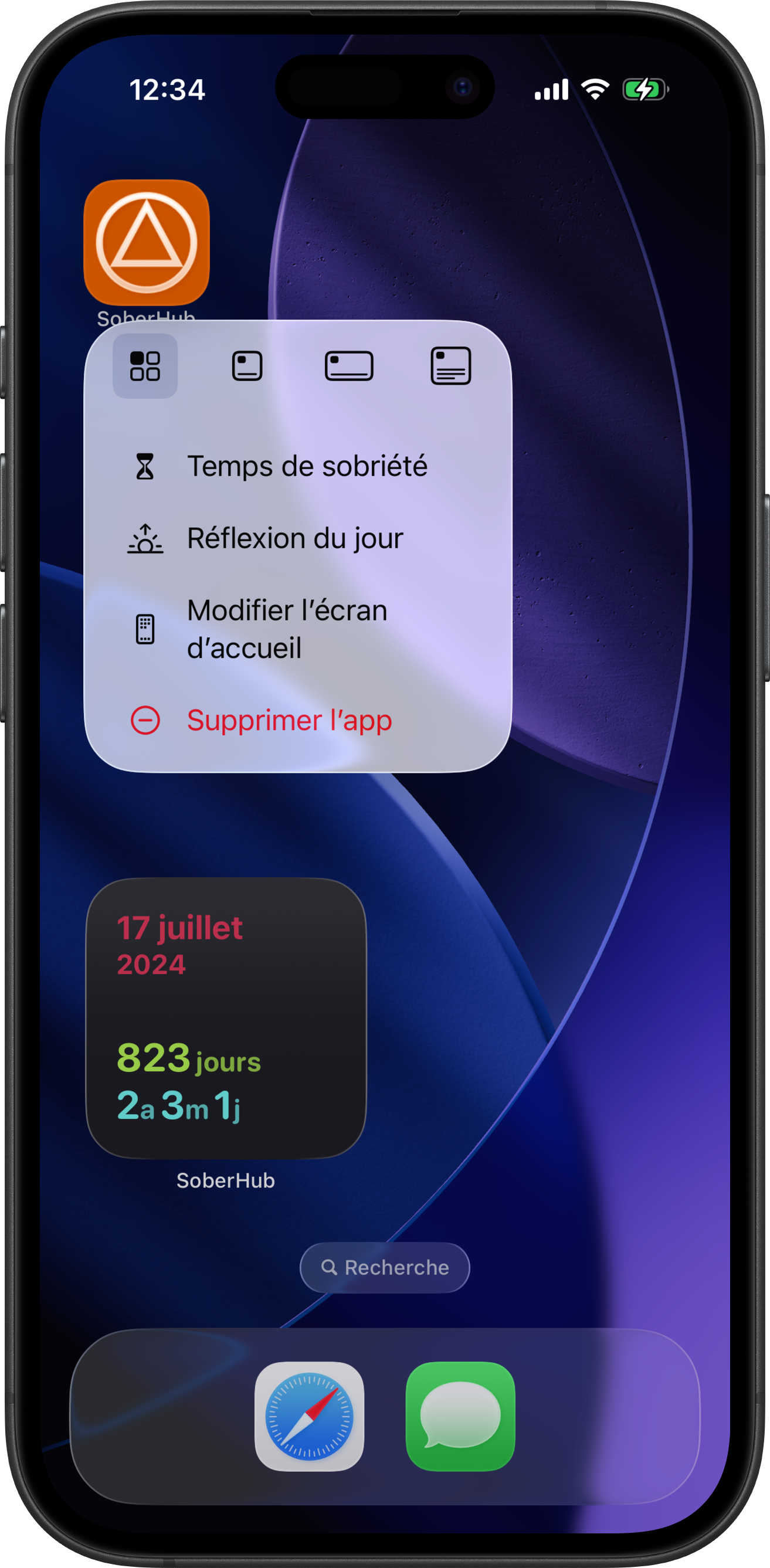 Appui long sur l'icône SoberHub : les actions rapides Temps de sobriété et Réflexion du jour, au-dessus du widget SoberHub moyen affichant 822 jours