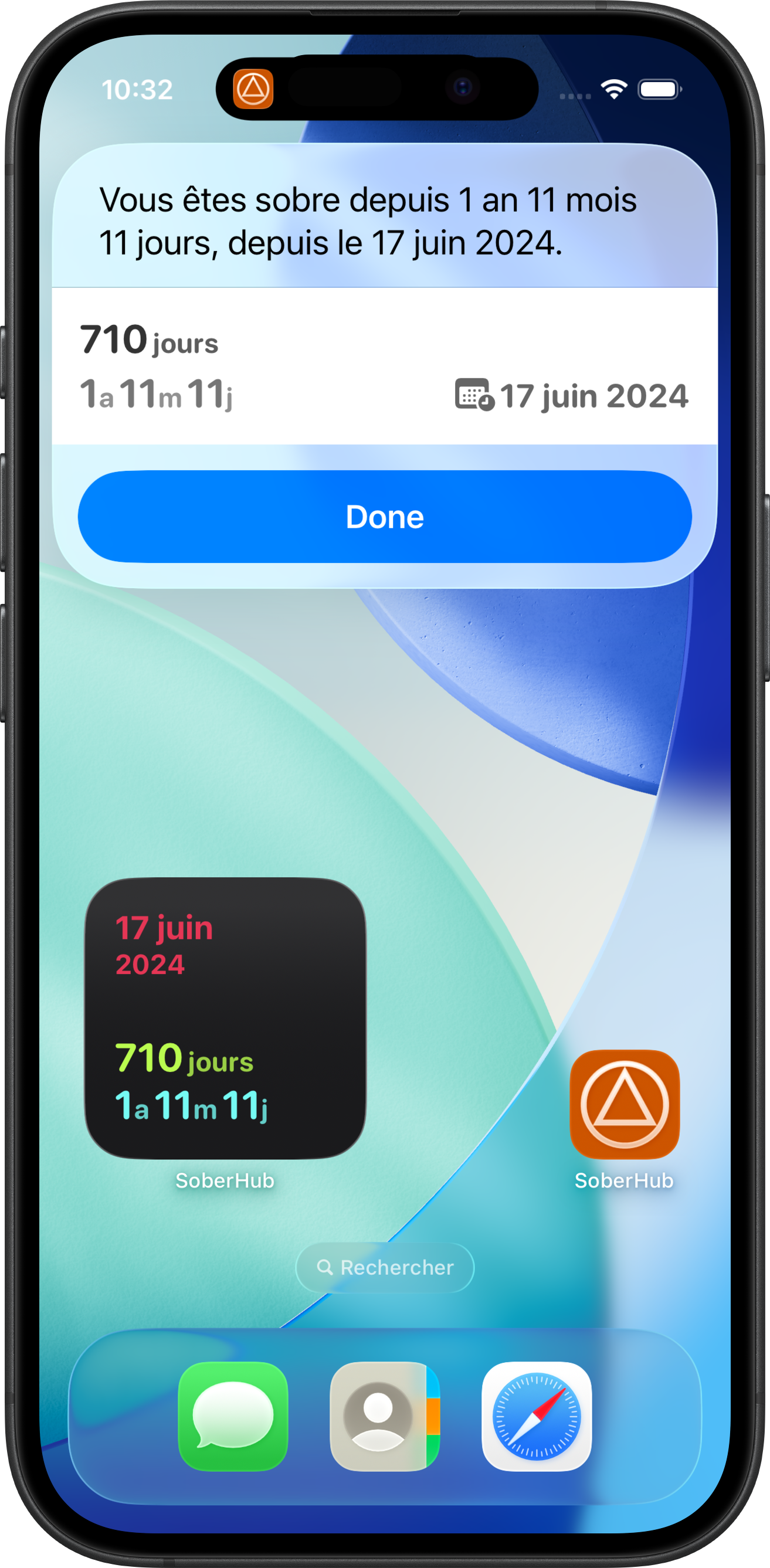 Siri affiche ta date de sobriété et un widget avec date et durée