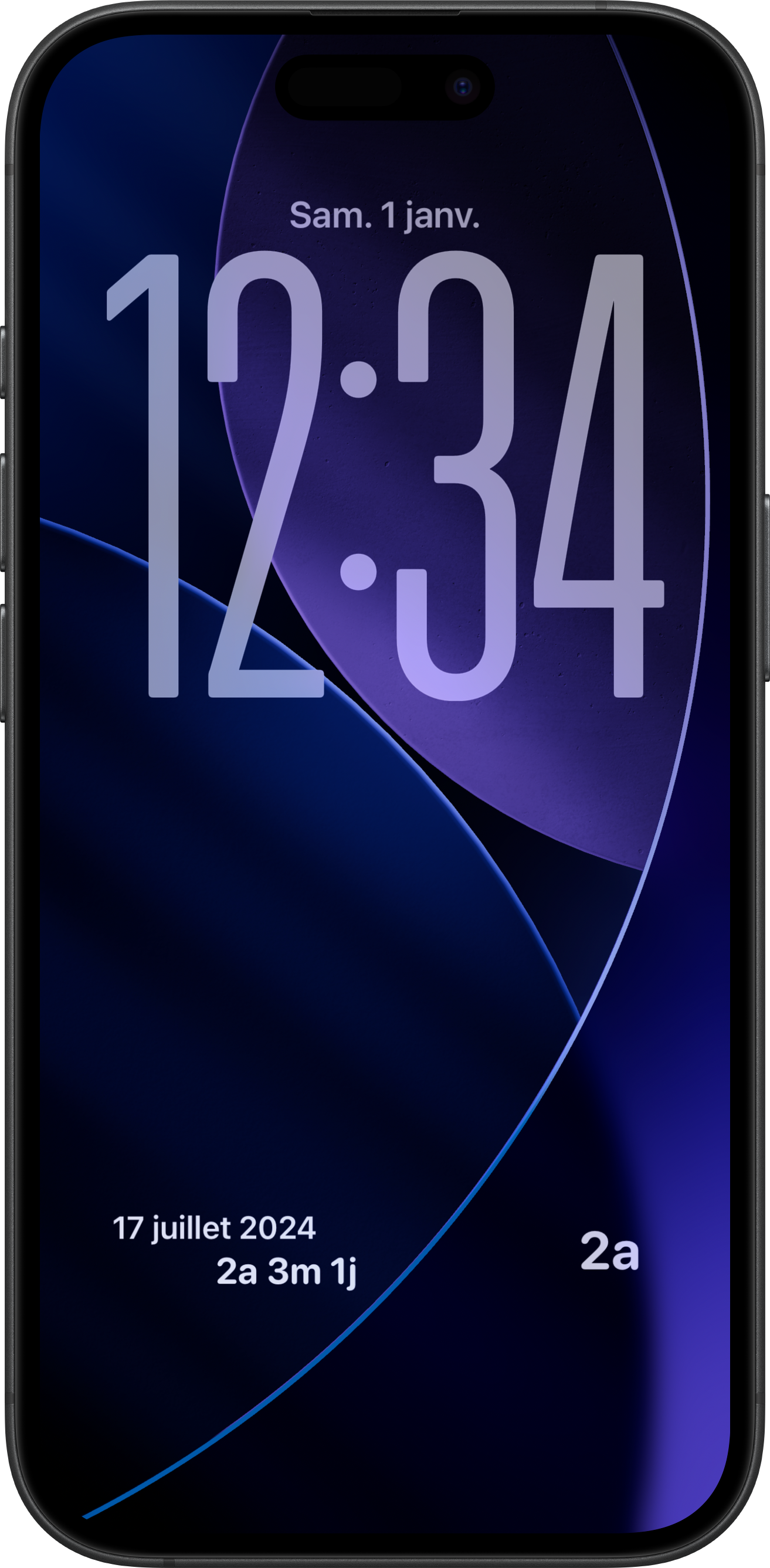 L'écran verrouillé d'un iPhone avec des widgets SoberHub sous l'horloge : 17 juillet 2024 avec 2a 3m 1j, et un rond 2a