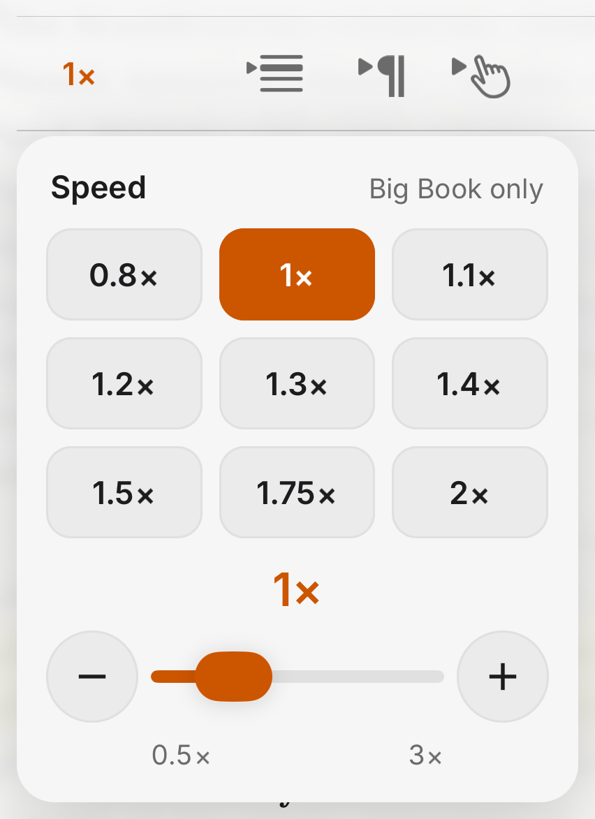 The Speed card in SoberHub showing Big Book only, presets from 0.8× to 2× and a slider from 0.5× to 3×