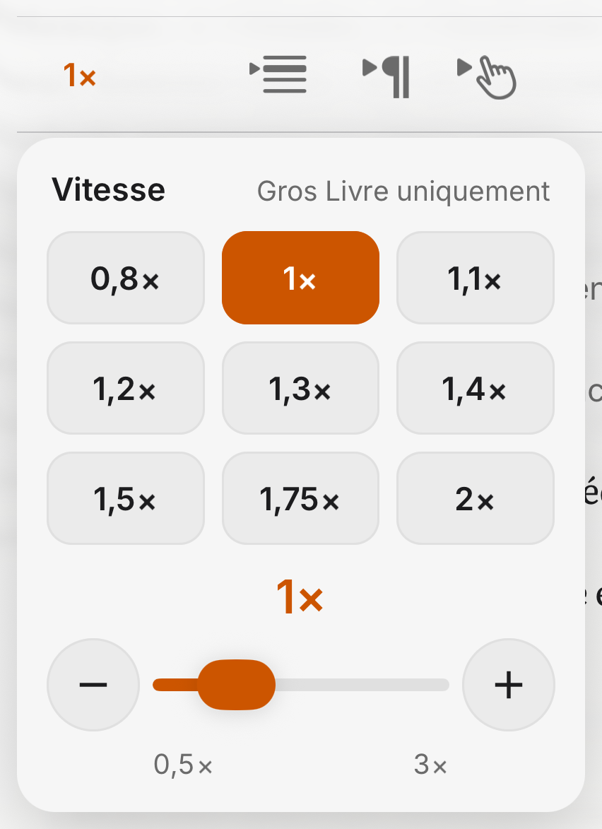 La carte Vitesse dans SoberHub avec Gros Livre uniquement, des préréglages de 0,8× à 2× et un curseur de 0,5× à 3×