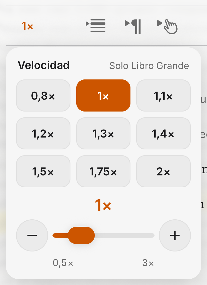 La tarjeta de Velocidad en SoberHub con Solo Libro Grande, valores predefinidos de 0.8× a 2× y un control deslizante de 0.5× a 3×