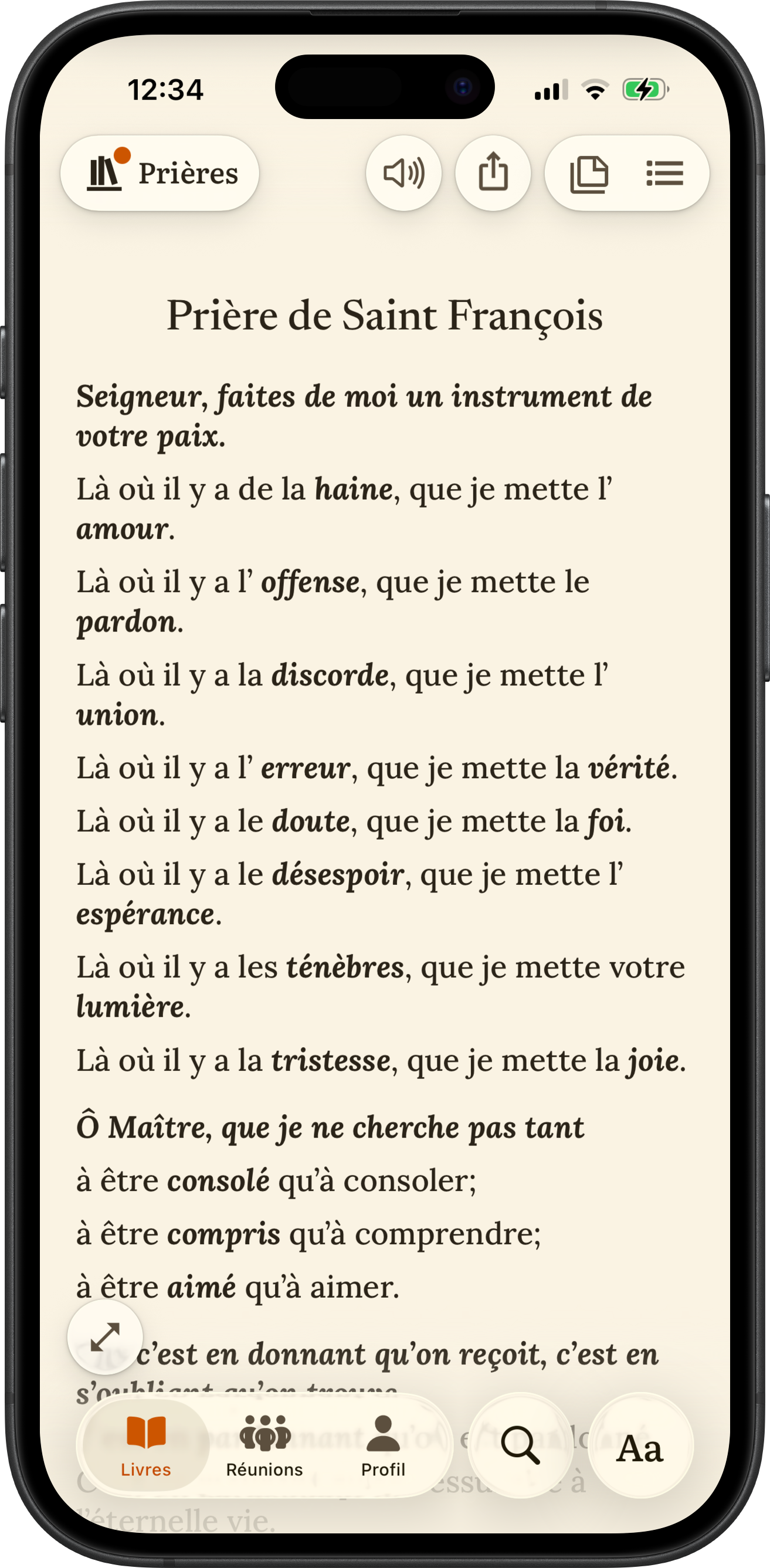 Application SoberHub affichant la Prière de Saint François