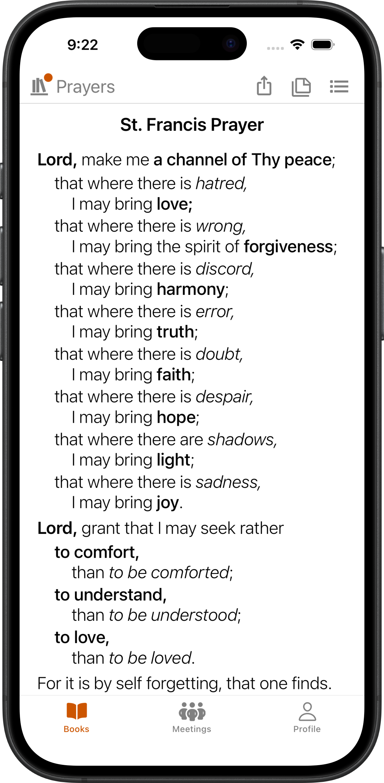 SoberHub app displaying the St. Francis Prayer