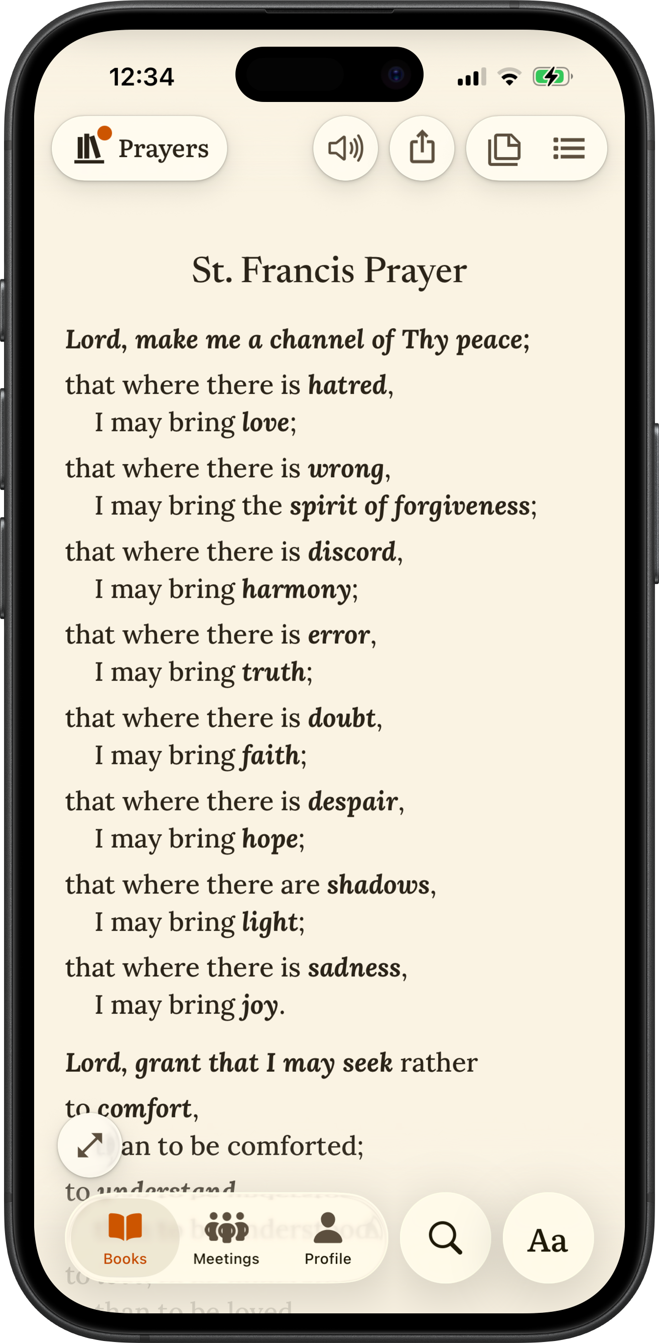 SoberHub app displaying the St. Francis Prayer
