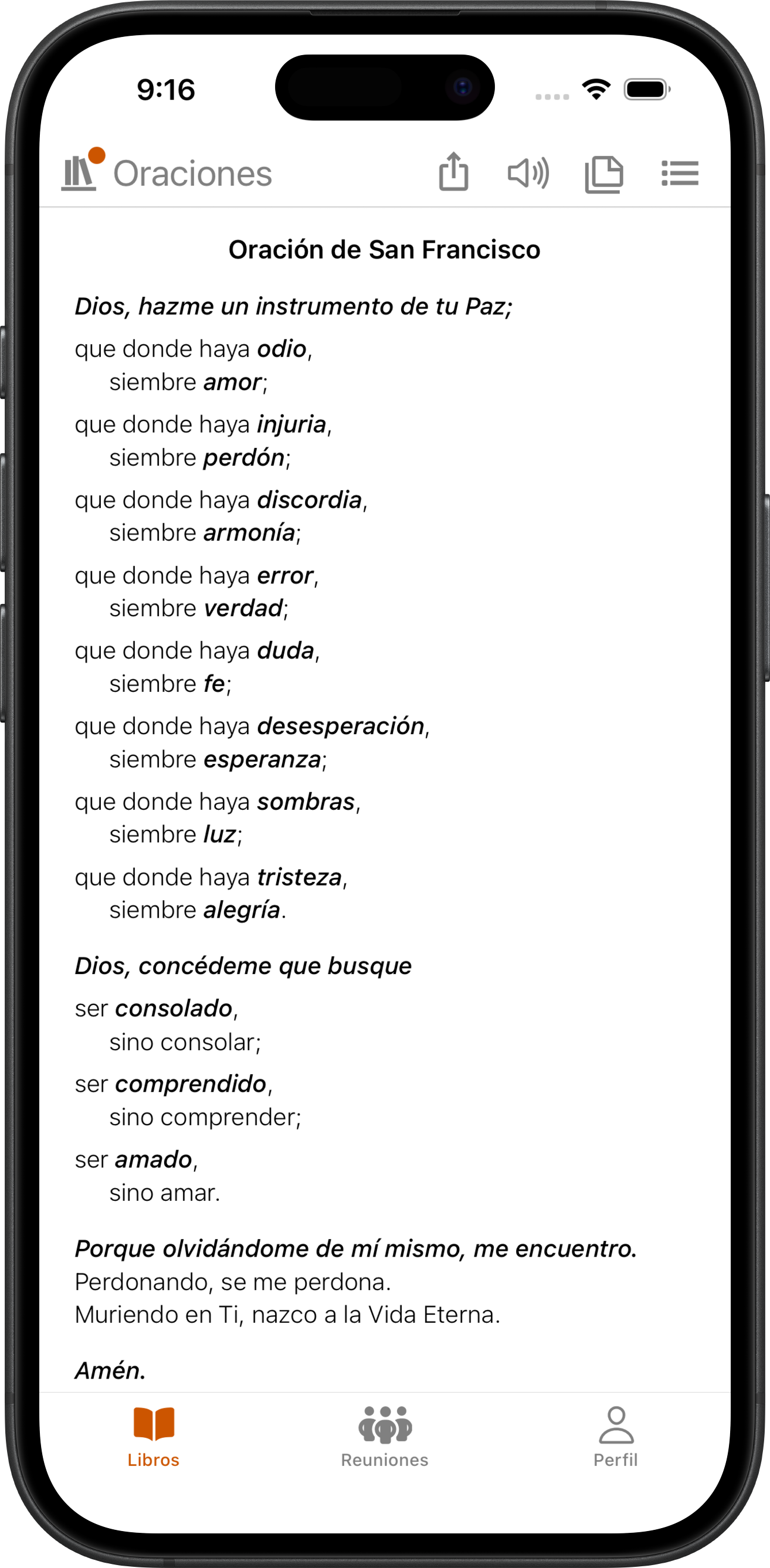 App SoberHub mostrando la Oración de San Francisco