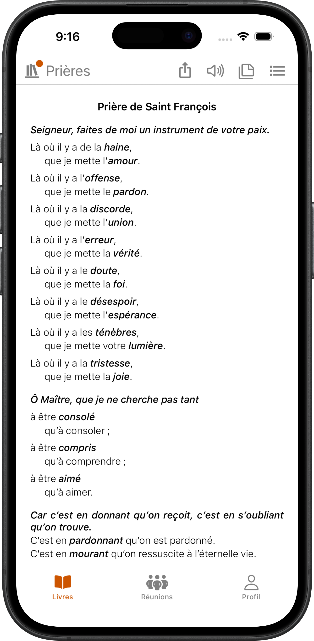 Application SoberHub affichant la Prière de Saint François