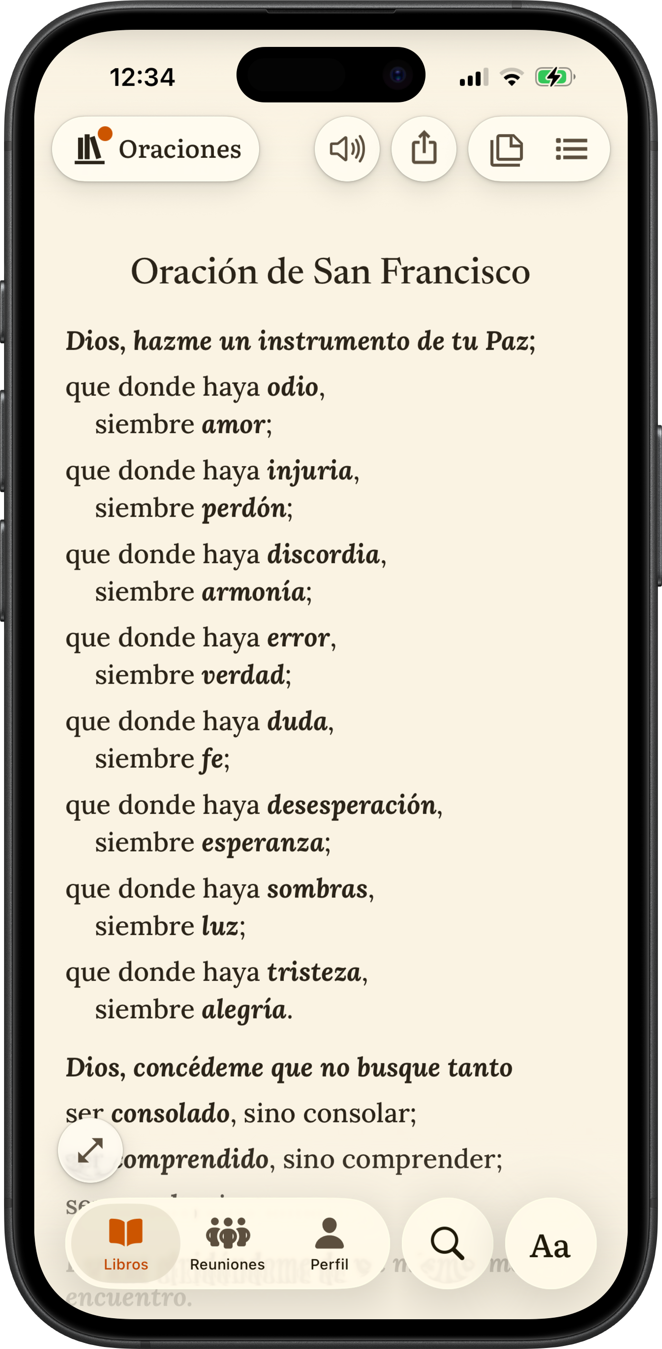 App SoberHub mostrando la Oración de San Francisco