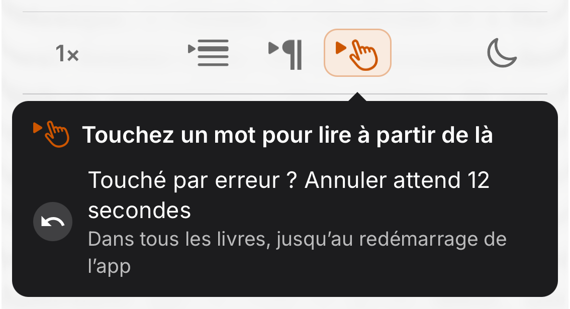L'interrupteur Écoute tactile avec son conseil : touchez un mot pour lire à partir de là, Annuler attend 12 secondes, dans tous les livres jusqu'au redémarrage de l'app