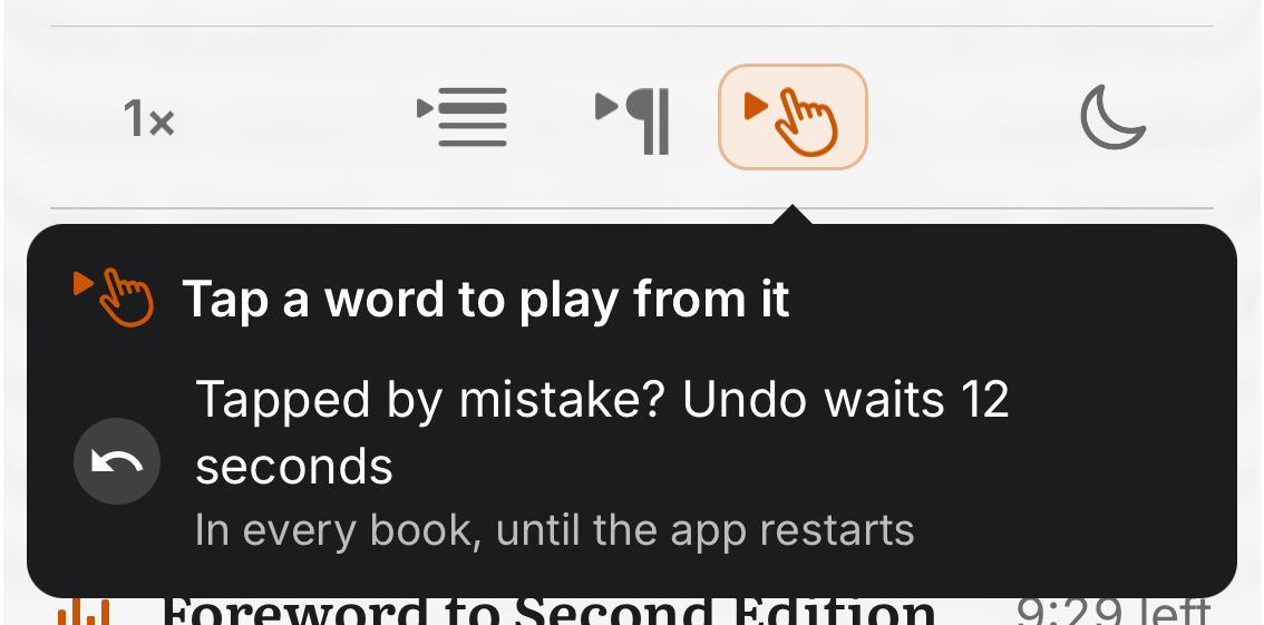 The Tap to play switch with its tip: Tap a word to play from it, Undo waits 12 seconds, in every book until the app restarts
