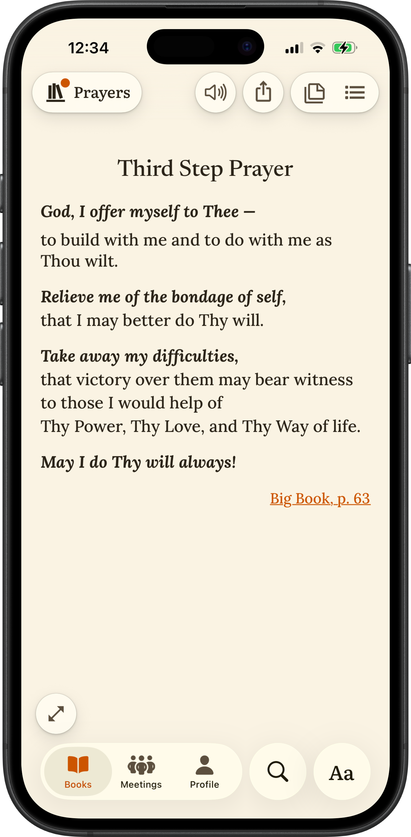 SoberHub app displaying the Third Step Prayer
