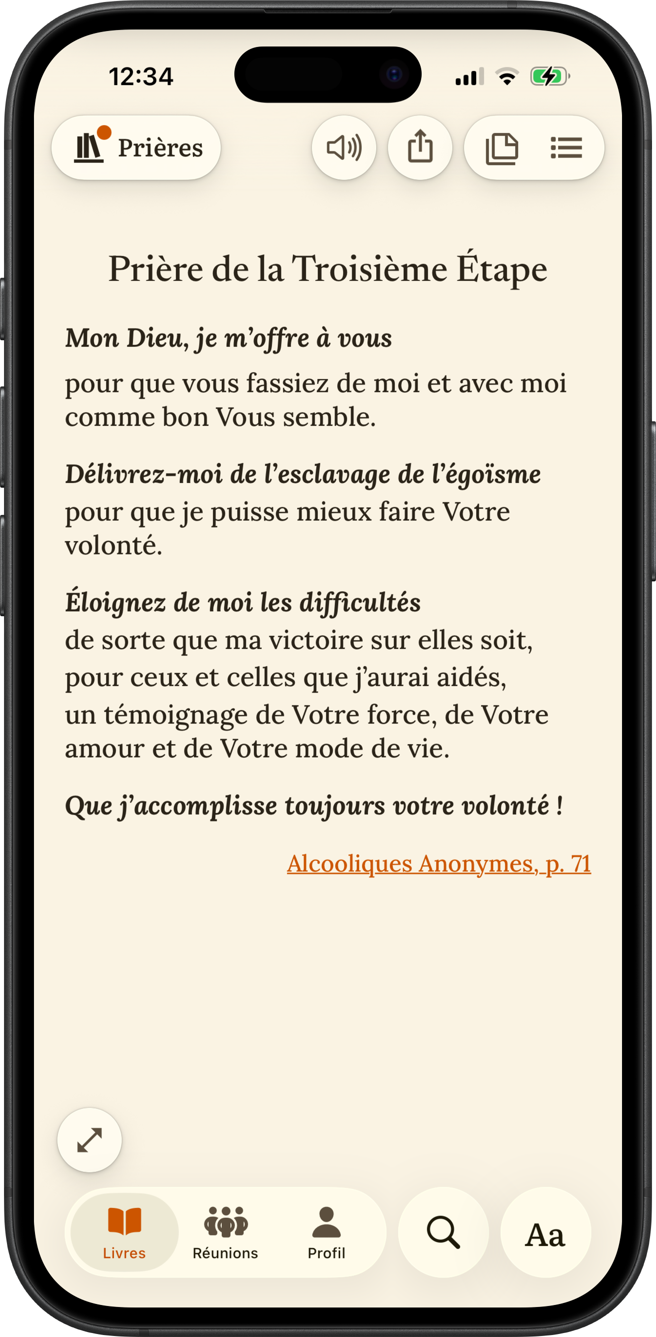 Application SoberHub affichant la Prière de la Troisième Étape