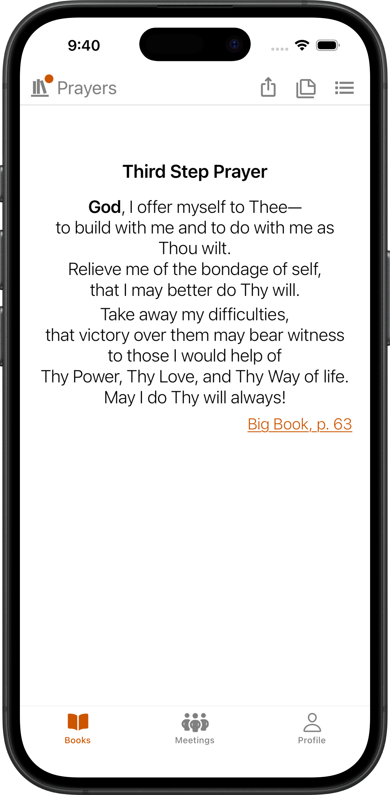 SoberHub app displaying the Third Step Prayer