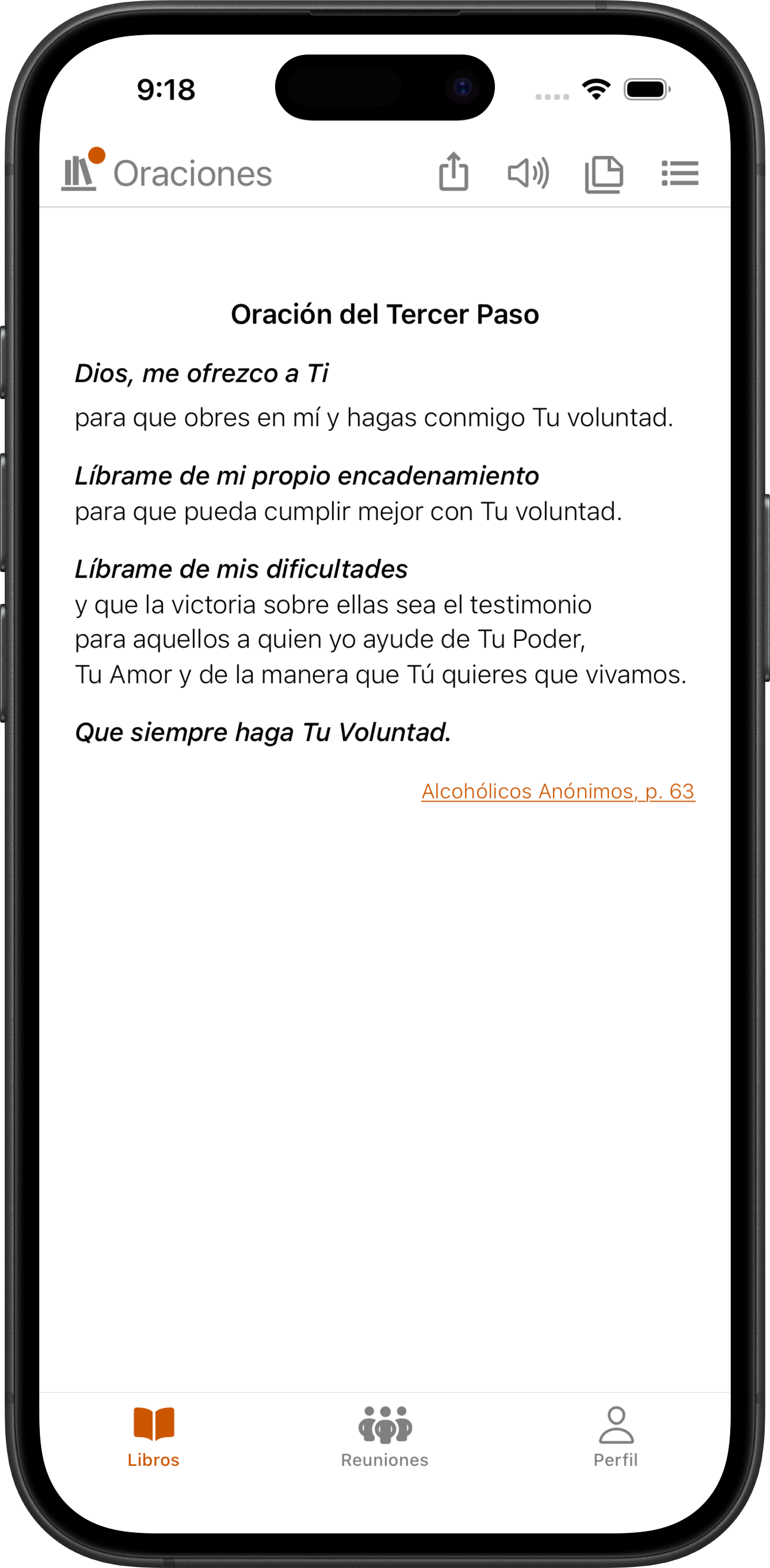 App SoberHub mostrando la Oración del Tercer Paso