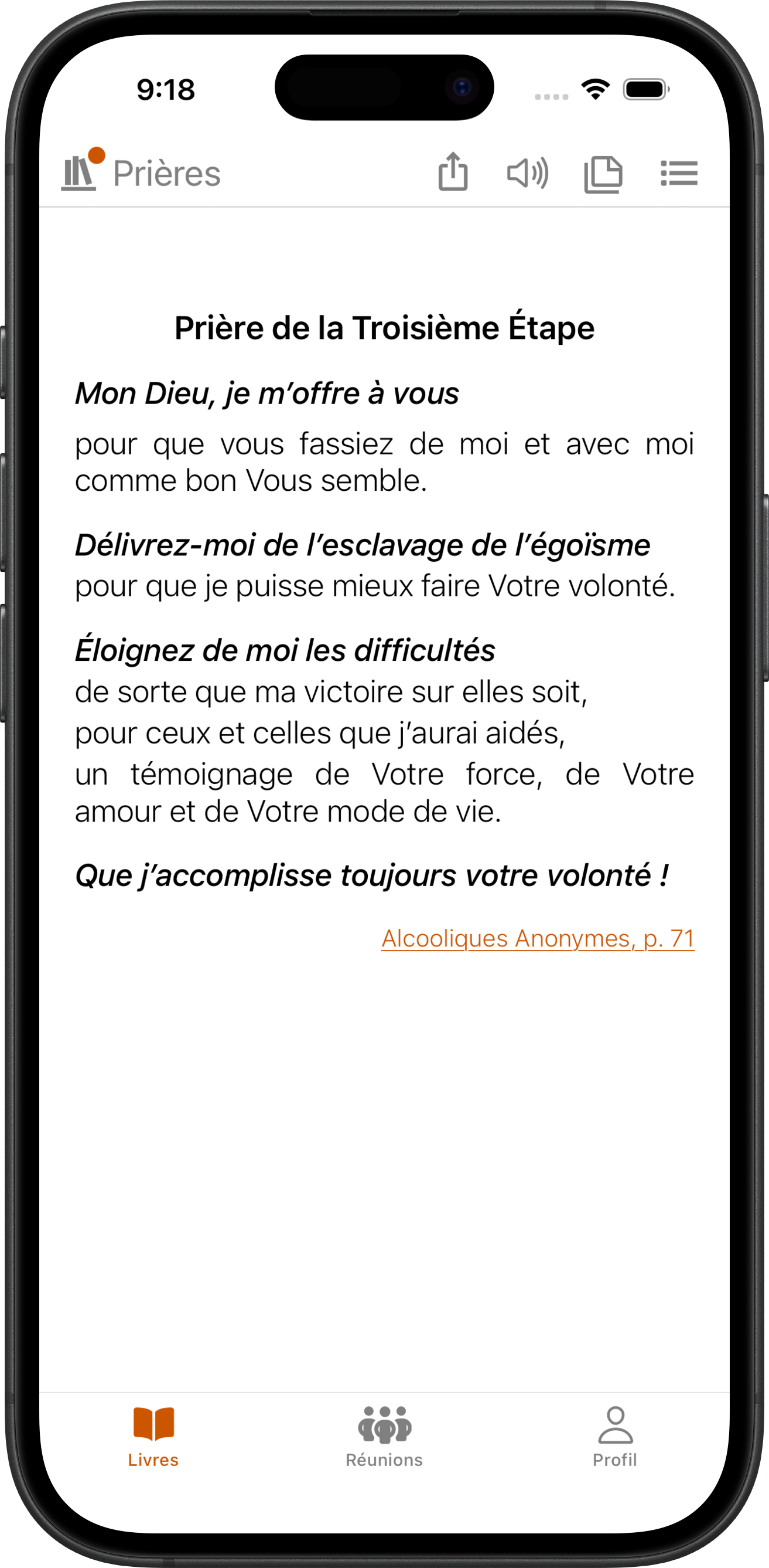 Application SoberHub affichant la Prière de la Troisième Étape