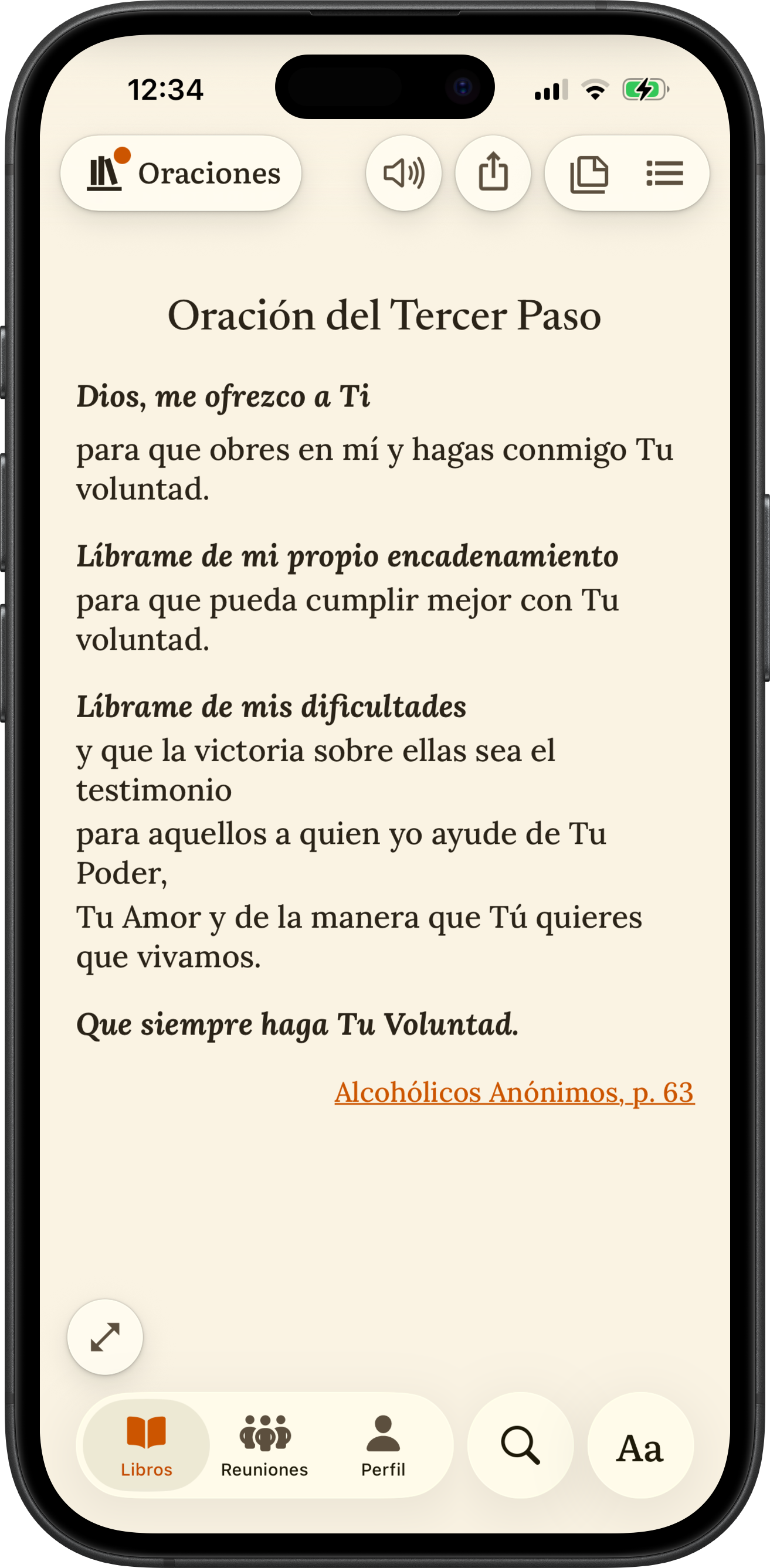 App SoberHub mostrando la Oración del Tercer Paso