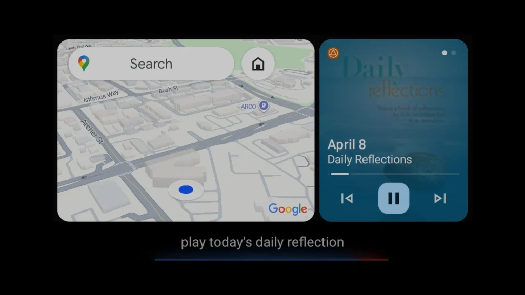 Daily Reflections with Google Assistant Android Auto showing Hey Google play today's daily reflection on SoberHub