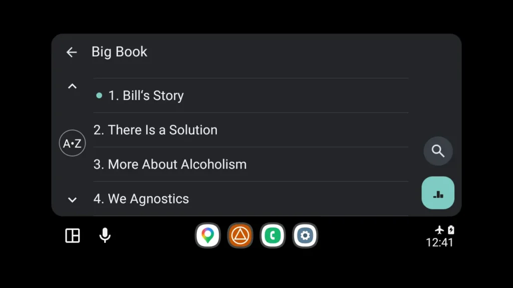 Big Book Audio on Android Auto Android Auto screen showing Big Book chapter list on SoberHub