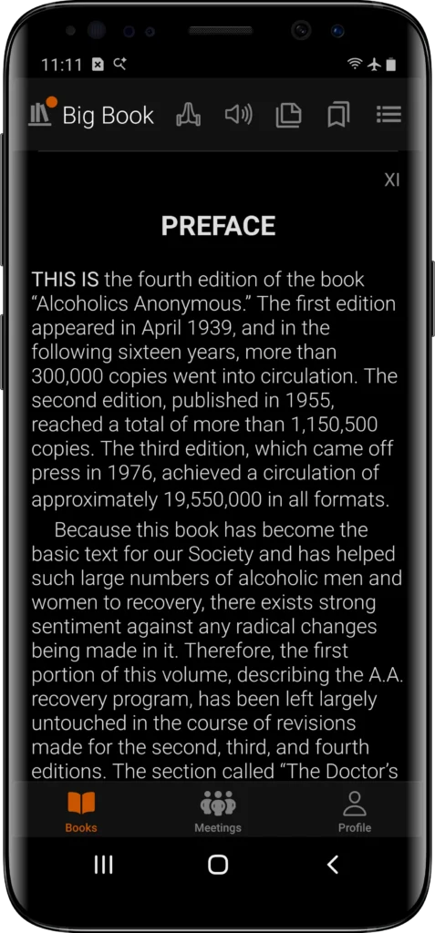 SoberHub Android Recovery App — Big Book Reader SoberHub Android app showing the Big Book Preface with professional typography