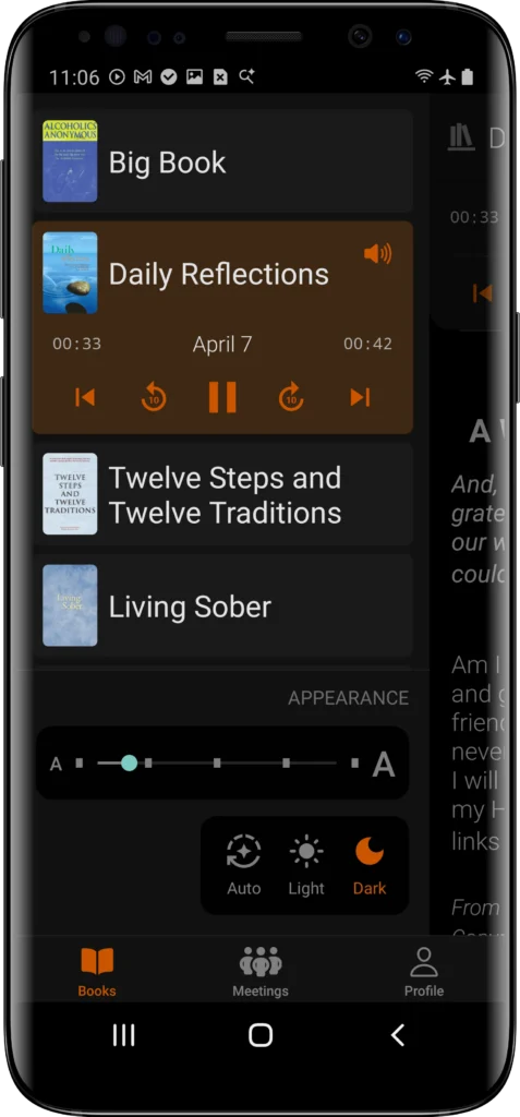 Daily Reflections on Android SoberHub app showing Daily Reflections with audio player and book menu on Android