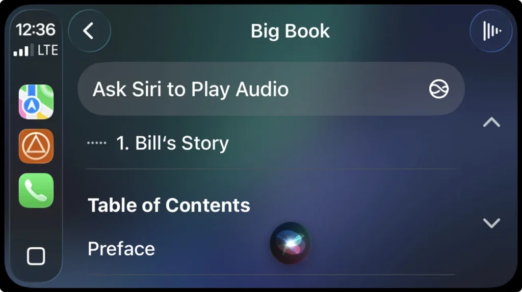 Big Book Audio with CarPlay and Siri iPhone CarPlay screen showing Hey Siri playing a Big Book chapter on SoberHub