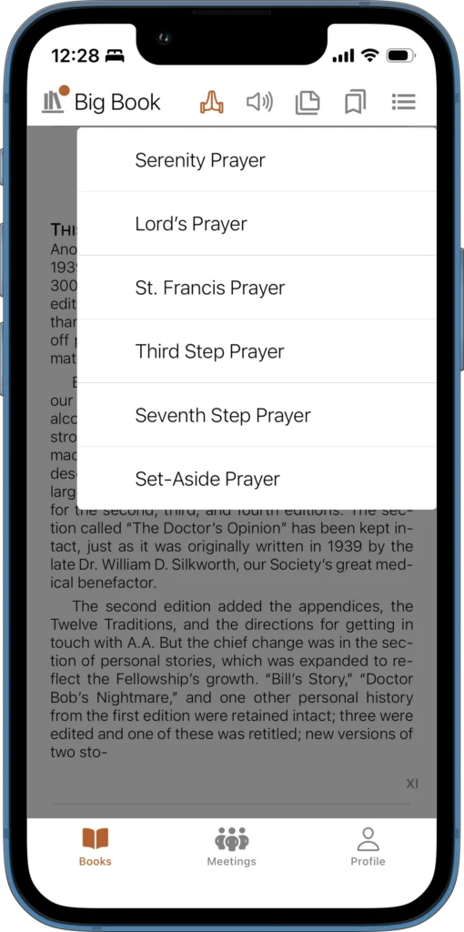 SoberHub app displaying Prayers Menu In The Big Book.