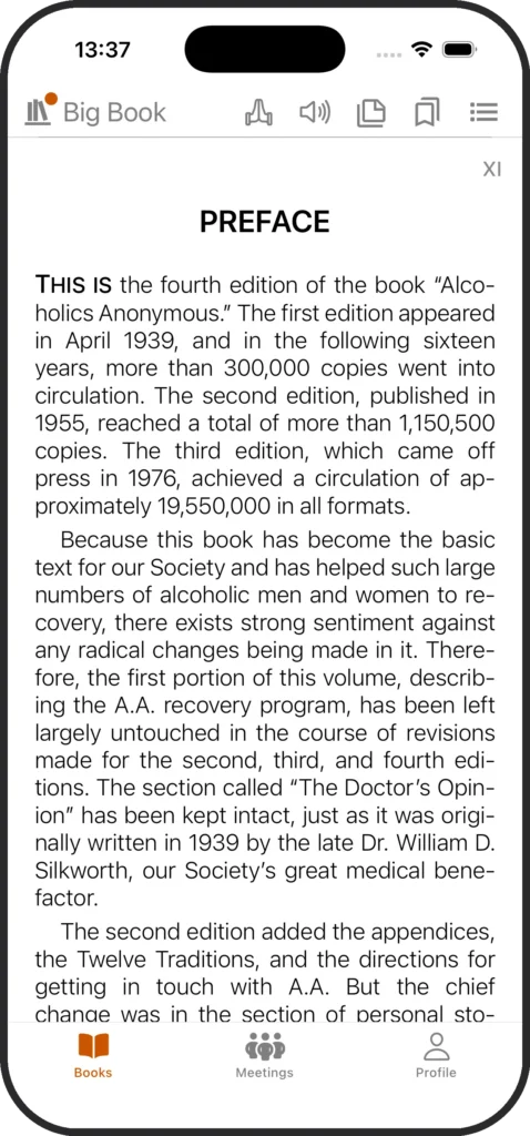 SoberHub app showing the Big Book Preface with professional typography and easy navigation