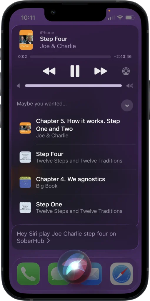 iPhone showing SoberHub with a hands-free request to play Joe & Charlie Step 4 using the full “on SoberHub” phrase in the voice interface.