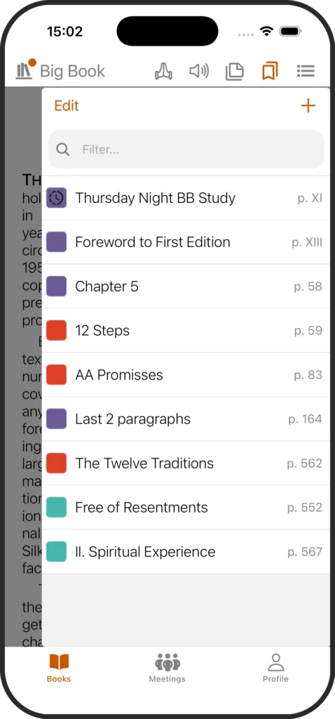 Color-coded bookmarks list in SoberHub with floating bookmark for Thursday Night BB Study