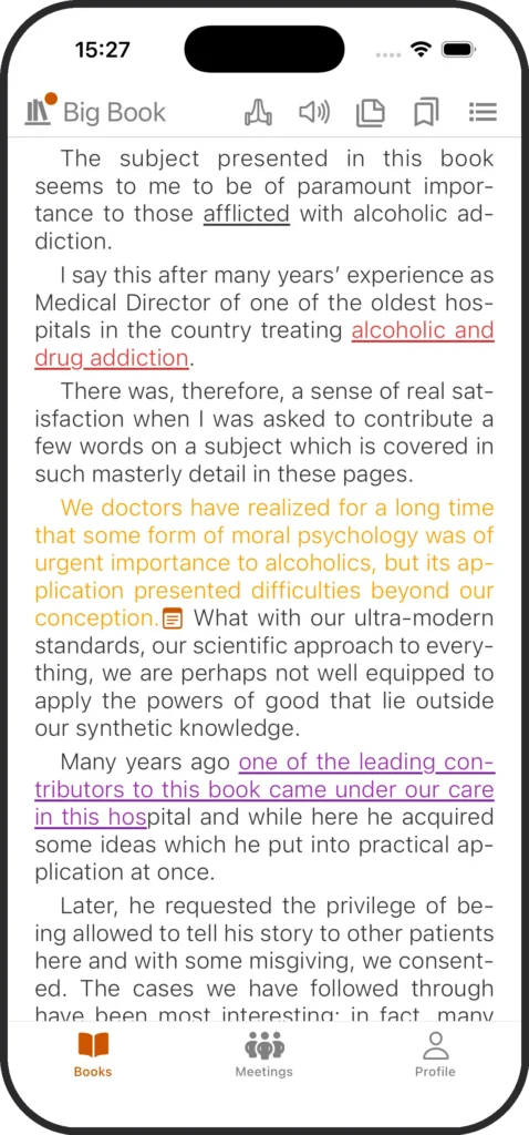 Recovery literature with highlighted passages and personal notes in SoberHub