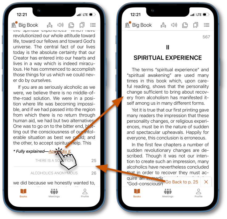Big Book Cross-Reference Navigation in SoberHub Two iPhone screenshots showing a cross-reference link in the Big Book being tapped, which navigates from page 25 to the Spiritual Experience appendix on page 567 with a Go Back bar