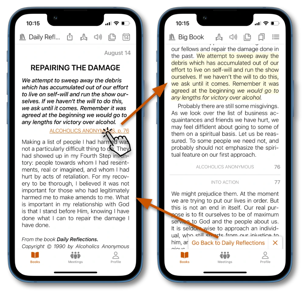 Two iPhone screenshots showing a cross-reference link in Daily Reflections being tapped, which navigates to the referenced passage in the Big Book