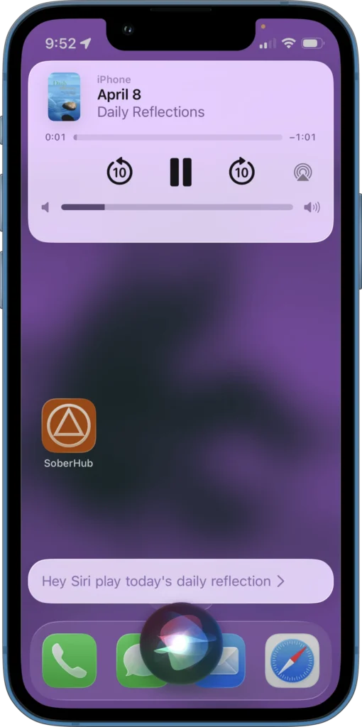 Daily Reflections with Siri iPhone showing Siri responding to Hey Siri play today's daily reflection on SoberHub