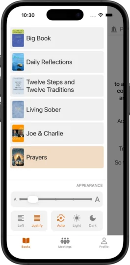 Books 1 SoberHub app displaying the Recovery Literature Library and Books Menu.